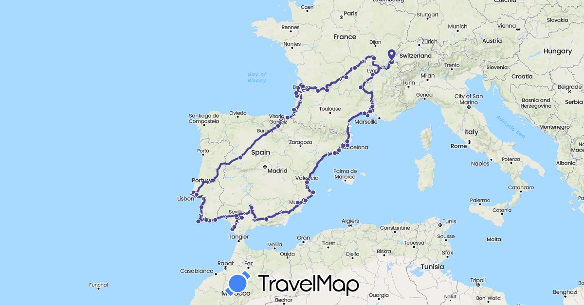 TravelMap itinerary: driving, camping-car in Switzerland, Spain, France, Portugal (Europe)